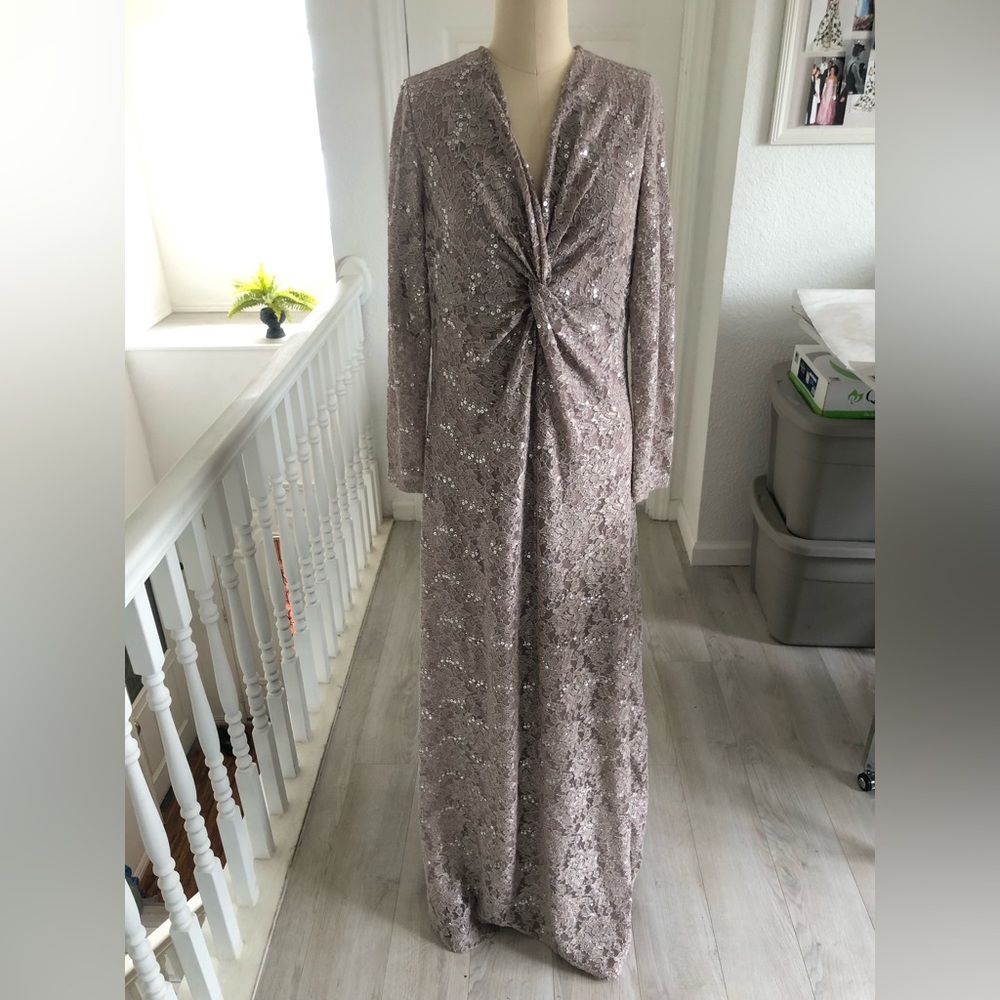 TAHARI beige lace sequin evening gown.